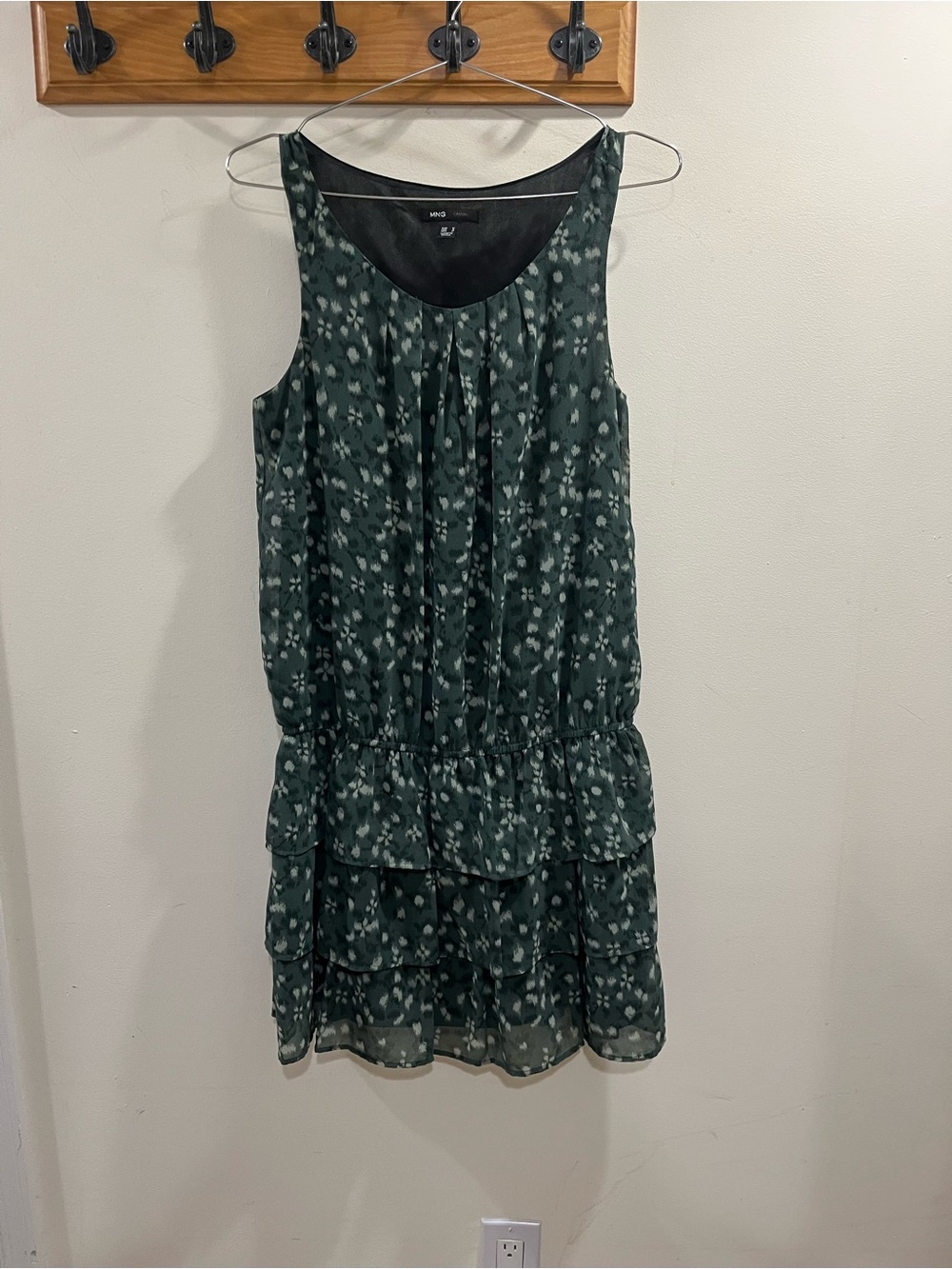 Mango Dark Green Printed Tiered Sleeveless Mini Dress